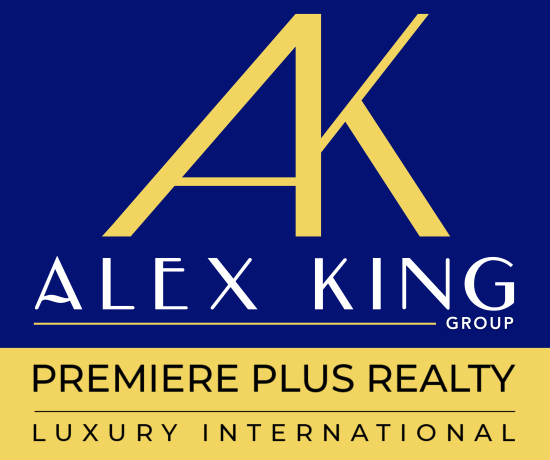 Logo for Alex King Group featuring large yellow initials 'AK' above the name 'ALEX KING GROUP' in white text on a dark blue background. A yellow banner below reads 'PREMIERE PLUS REALTY' in black, with 'LUXURY INTERNATIONAL' in white at the bottom.