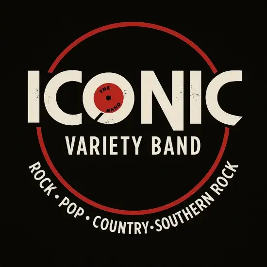 Logo for ICONIC Variety Band. The word ‘ICONIC’ appears in bold white letters on a black background, with the ‘O’ designed as a red vinyl record labeled ‘THE BAND.’ Below, the text reads ‘VARIETY BAND.’ Along the bottom arc, white text lists the music genres: Rock, Pop, Country, and Southern Rock