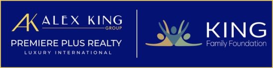 Logos for Alex King Group Premiere Plus Realty and King Family Foundation on a dark blue background.